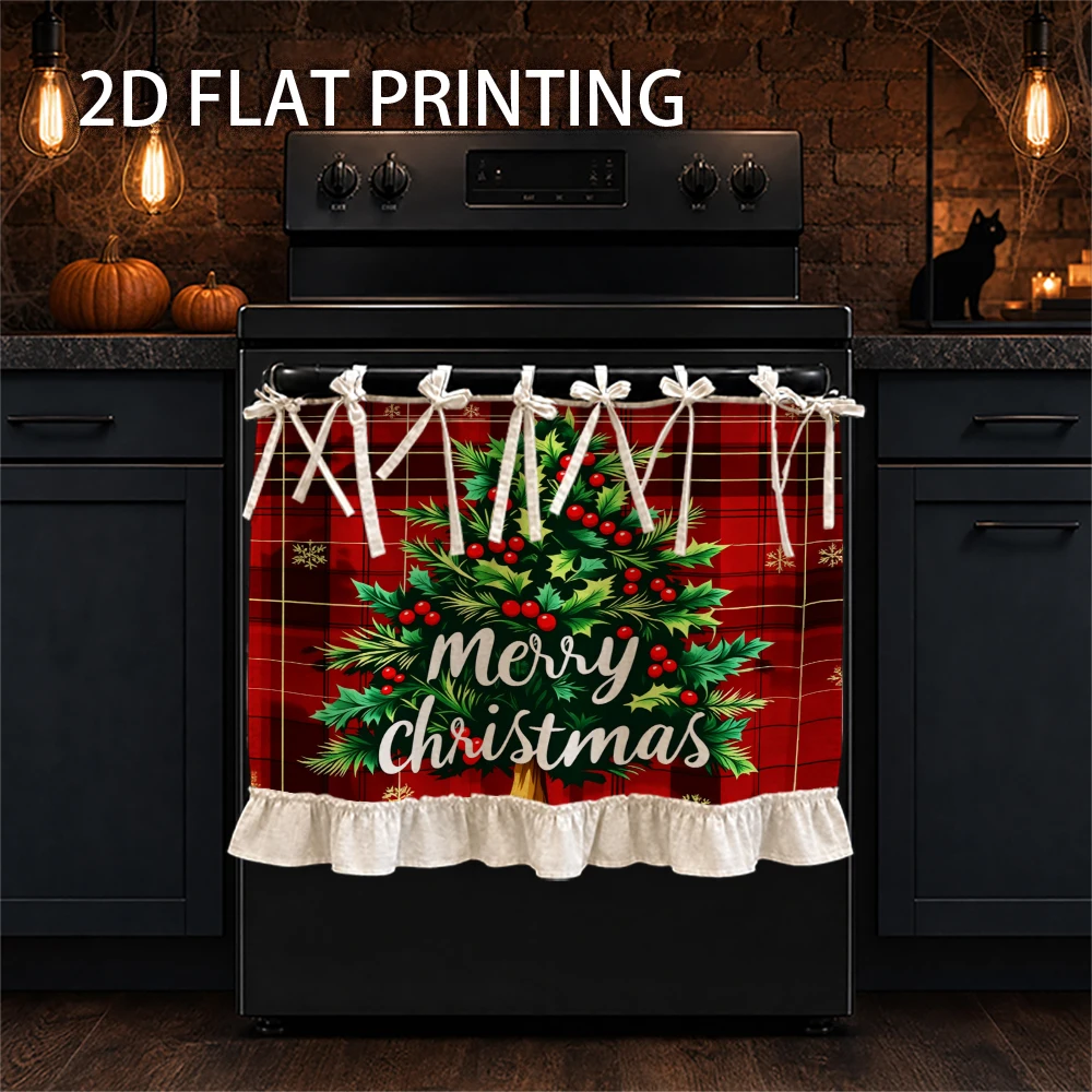 1PC Christmas kitchen stove curtain-cabinet curtain-apron. Christmas tree decorated with Holly berries on a red checked backgrou