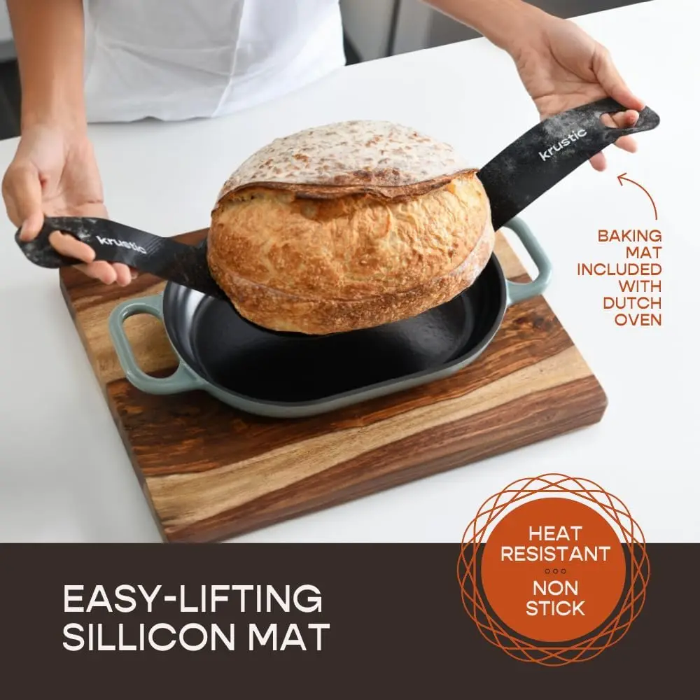 فرن هولندي من الحديد الزهر المطلي بالمينا لخبز العجين المخمر الاحترافي |   وعاء أواني طهي بيضاوي بحجم رغيف سعة 5.5 لتر مع غطاء |   الثلاثي-