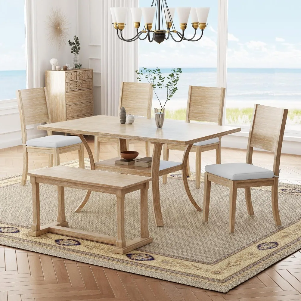 

6-Pieces Farmhouse Style Dining Table Set for 6, Rectangular Wood Table with 4 Removable Cushions Chairs & Bench for Dining Room