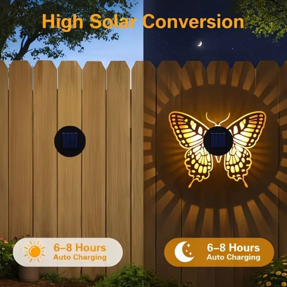 Butterfly Pattern Solar Wall Lamp LED Metal Shadow Pattern Light Waterproof Hollow Pattern Garden Decorative Light