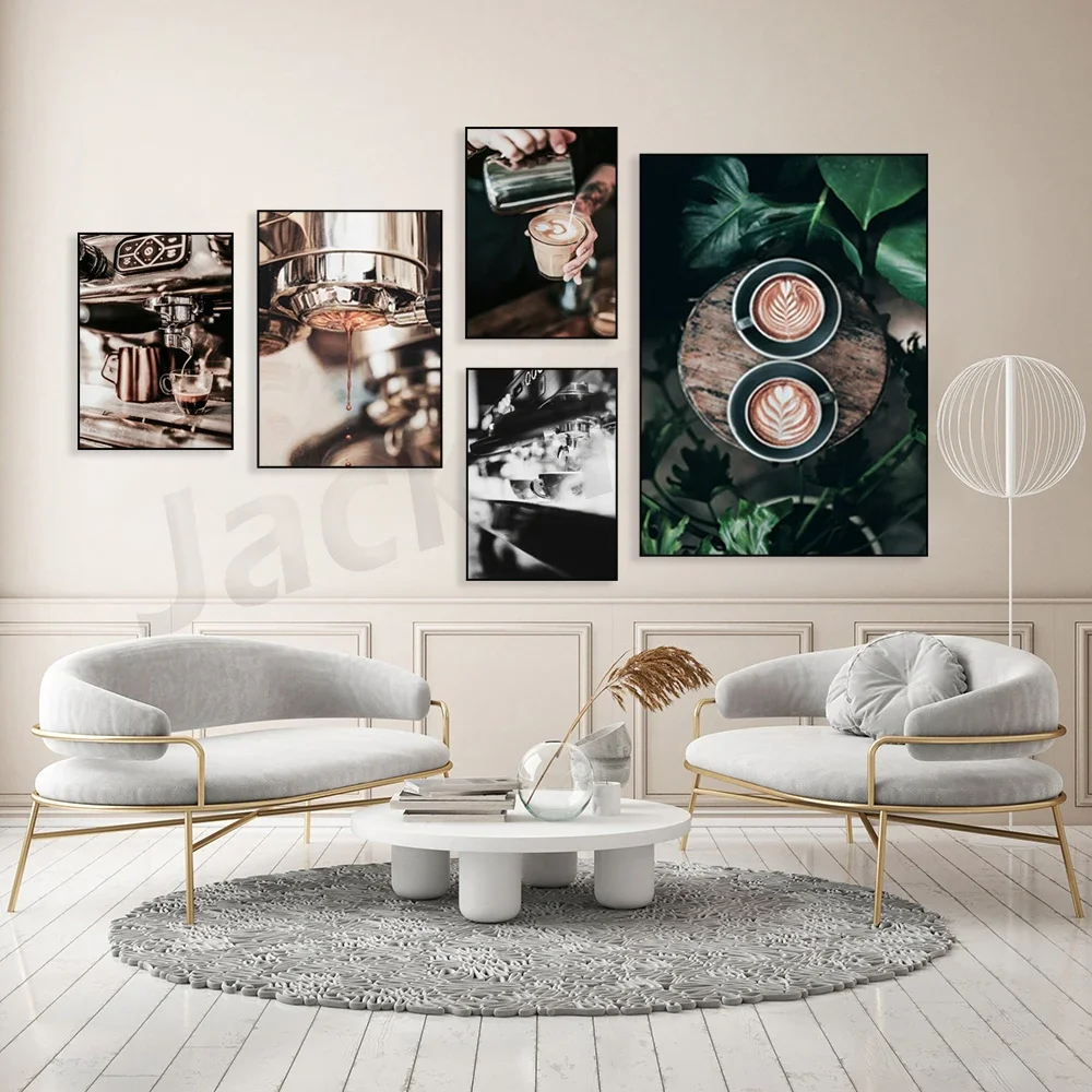 Poster: Cappuccino coffee between palm trees,Coffee drips from the portafilter machine,Coffee Espresso Portafilter Machine