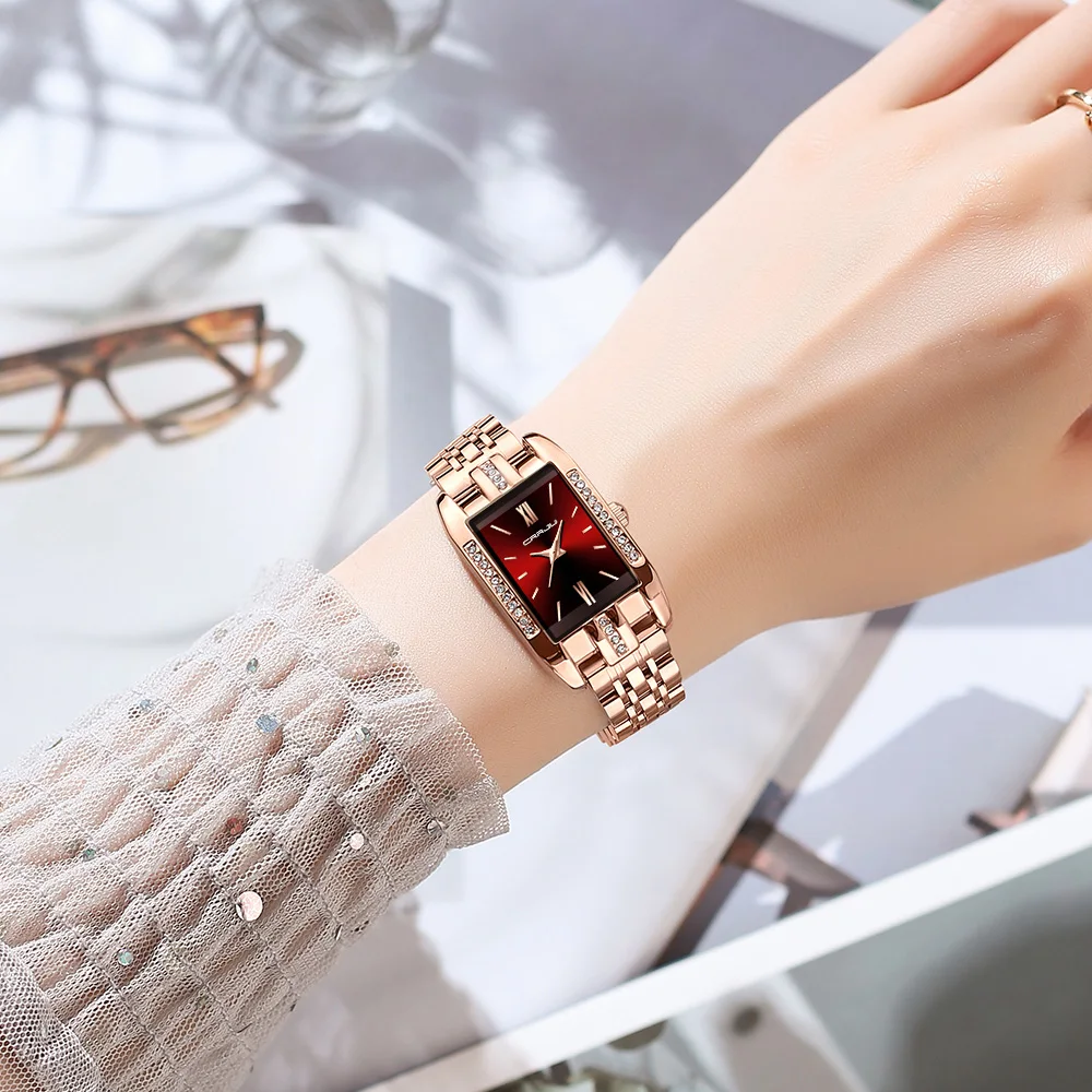 CRRJU Women Watch Fashion Quartz Rectangle Ultrathin Japan Movement Stainless Steel Bracelet Belt Wristwatch for Ladies