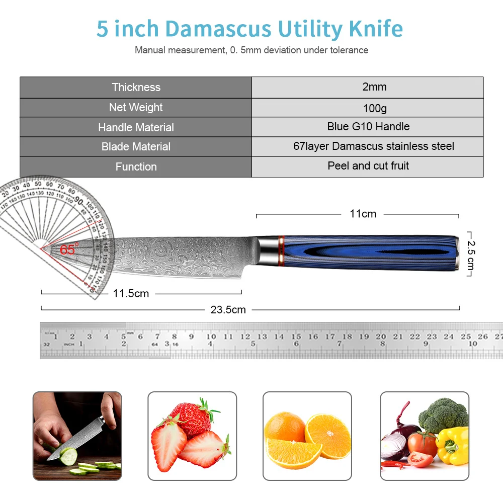 Kitchen Utility Knife 5 Inch Damascus Steel Full Tang Paring Knife Kitchen Chef Knife Cutting Peeling Slicing Fruit Vegetables