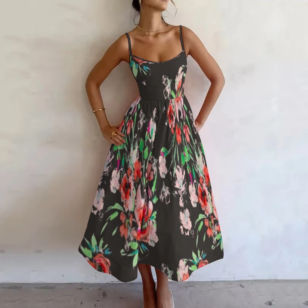 

Retro French Suspender Skirt Waist A Word Sexy Vest Skirt Women's Elegant Chic Flower Dress Vacation Dress New Fashionable