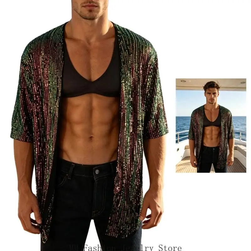 Men's Resort Layering Cardigan Short Sleeve Open-Front Cover-Up with Embellished Detail for Party Night Styling D0UB