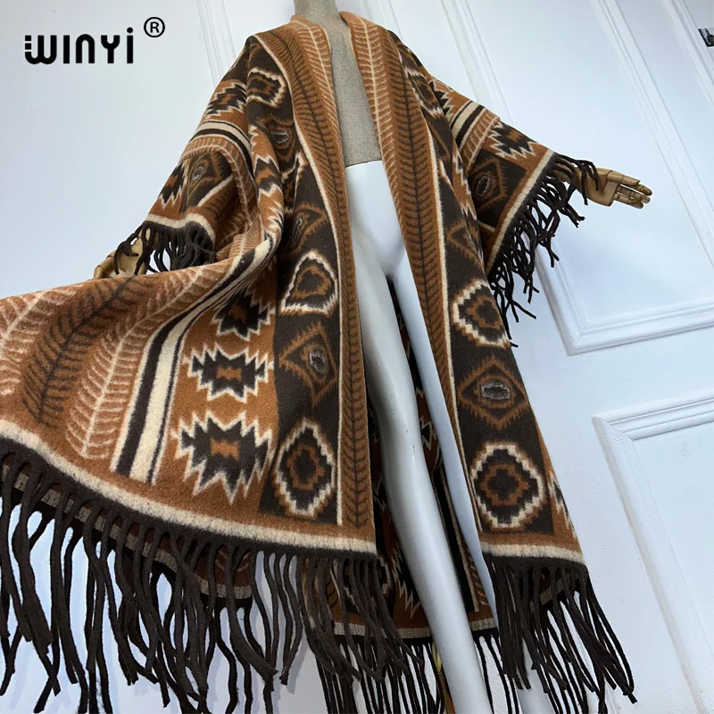 WINYI Winter Women Fringed cardigan print abaya dubai luxury Coat Loose OverCoat Thick Warm Female outerwears long down dress