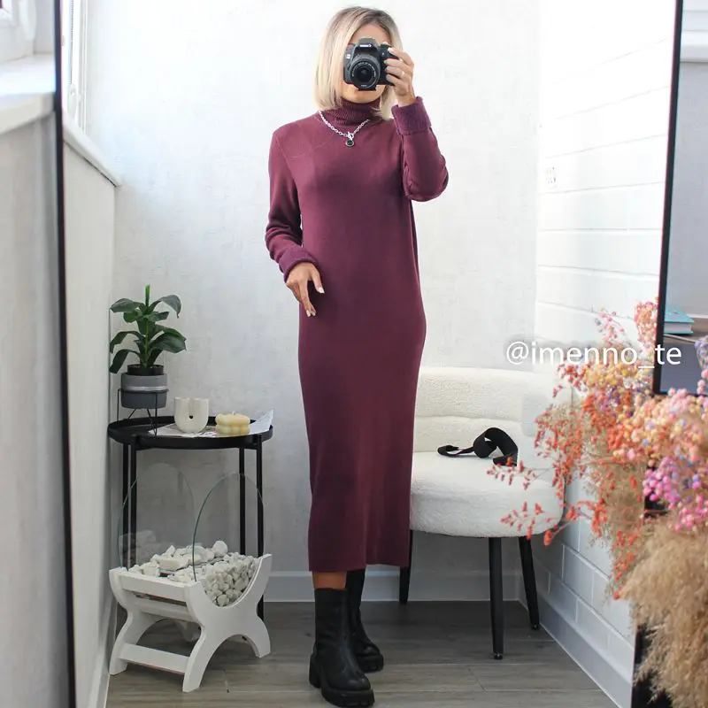 GIGOGOU Basics Women Long Knit Straight Dress Winter Thick Warm Velvet Turtleneck Sweater Dresses Christmas Party Pullover Pul