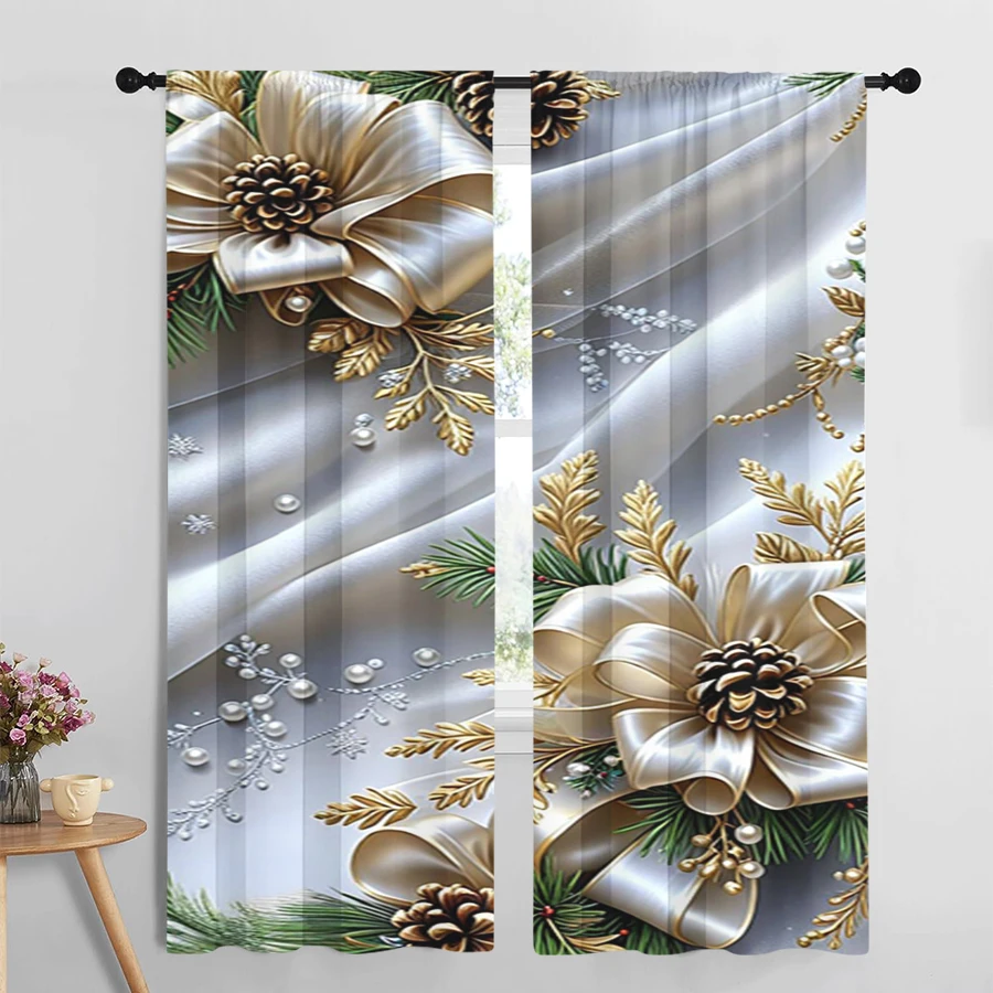 2PCS Christmas Digital Print Curtains, Silver White Satin Gold Poinsettia Flowers, Glam for Living Room Bedroom Window Decor