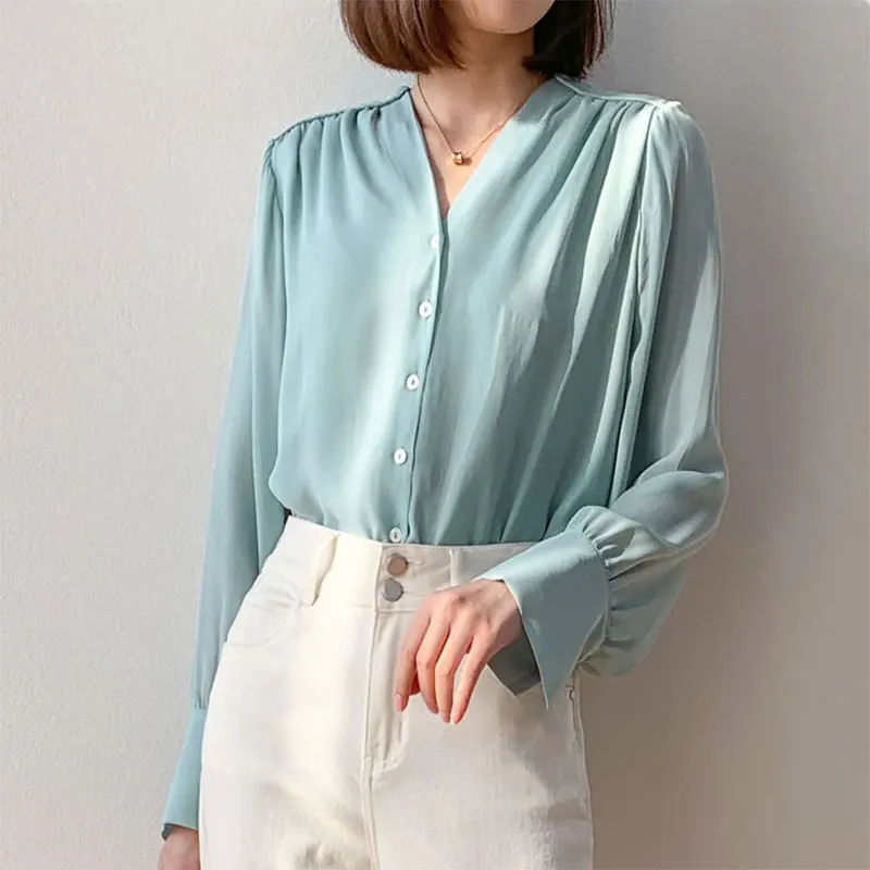 Women Silk Shirt 100% Mulberry Silk Aqua Blue Color V Neck with Lining Buttons Down Long Sleeve Top Blouse Office Lady MM703