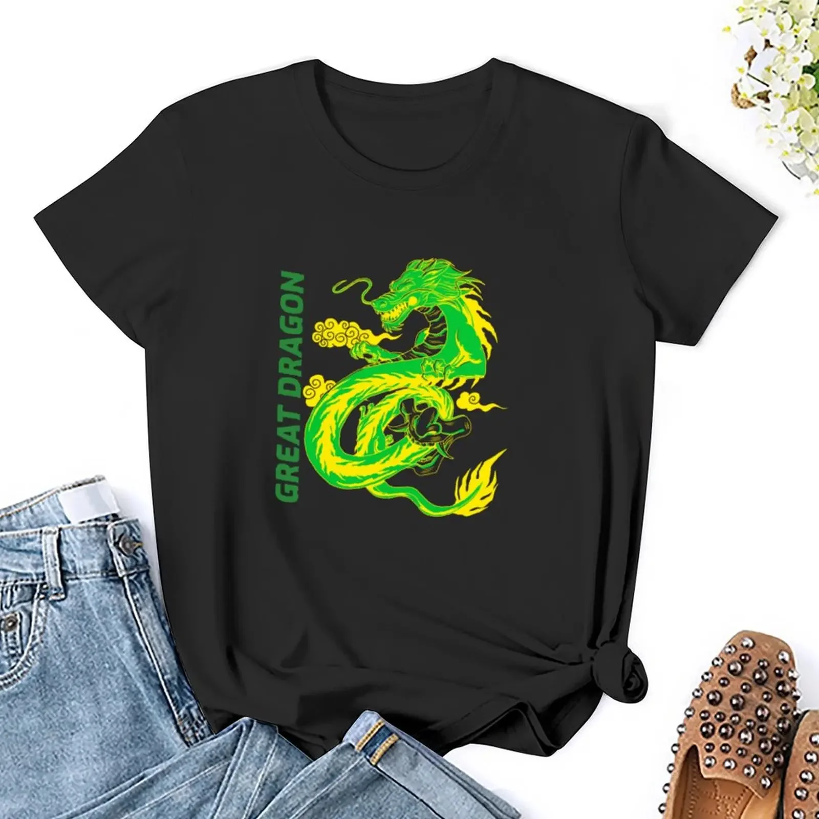 T-shirt à manches courtes pour femmes, vintage, asiatique, grand dragon, art essentiel, chemisier, vêtements d'été, médicaments scopiques