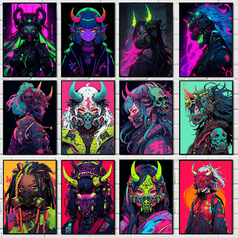 Cyberpunk الفتيات الساموراي المحارب فتاة جدار ديكور ملصق قماش طباعة انمي ياباني نمط فتاة صورة الجدار الديكور الفن دي #1