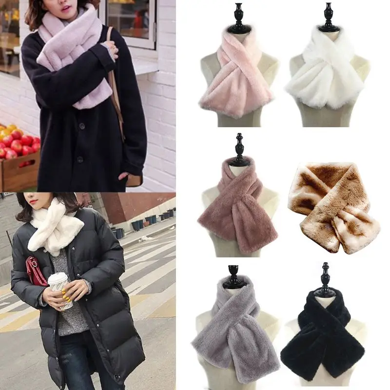 Winter Thick Faux Fur Warm Scarf Furry Pull Through Neck Warmer Plush Collar Cross Around Loophole Wrap Neckerchief