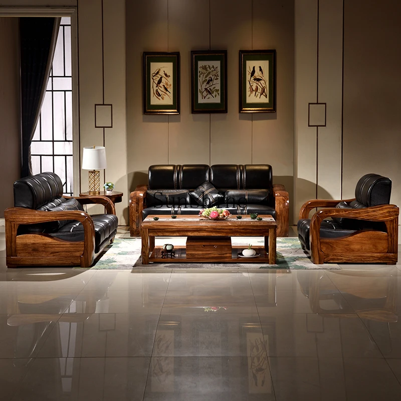 Ebony first-layer cowhide sofa Chinese villa living room all solid wood 123 combination sofa