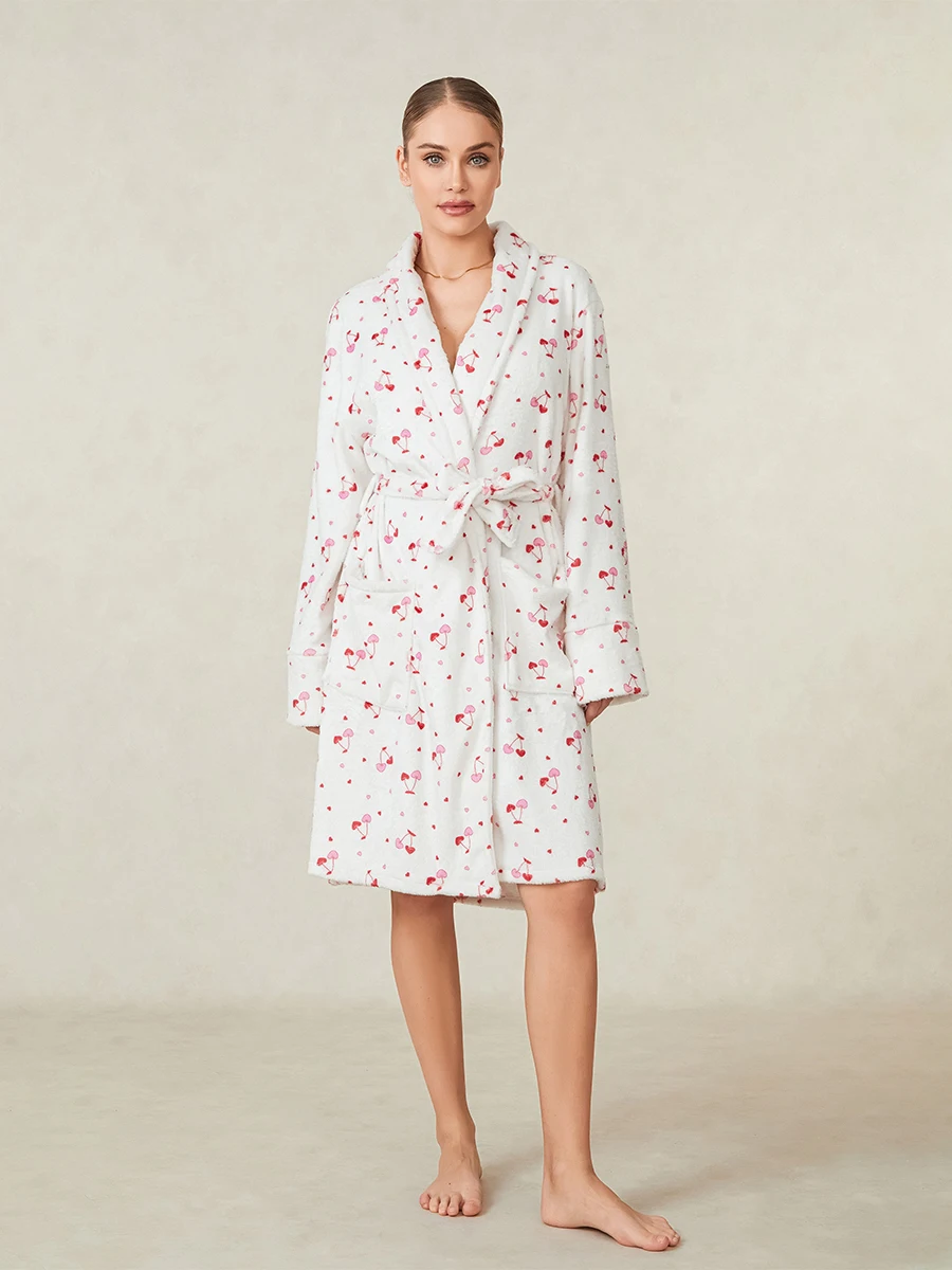 Women Fruit Robe Bow Floral Cherry Print Open Front Long Plush Bathrobe Fluffy Fleece Fuzzy Shawl Collar Spa Robes with Belt