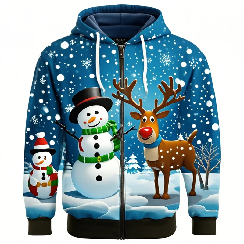 

Autumn Winter Men's Zip-up Hoodies Funny Snowman Reindeer Graphic Printed Sweatshirt Christmas Style Coat Unisex Street Clothing