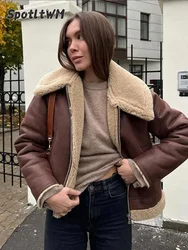 Winter Women Brown Turndown Collar Flock Zipper Jacket Chic Casual Long Sleeves Pu Leather Jackets 2024 Commute Street Lady Coat