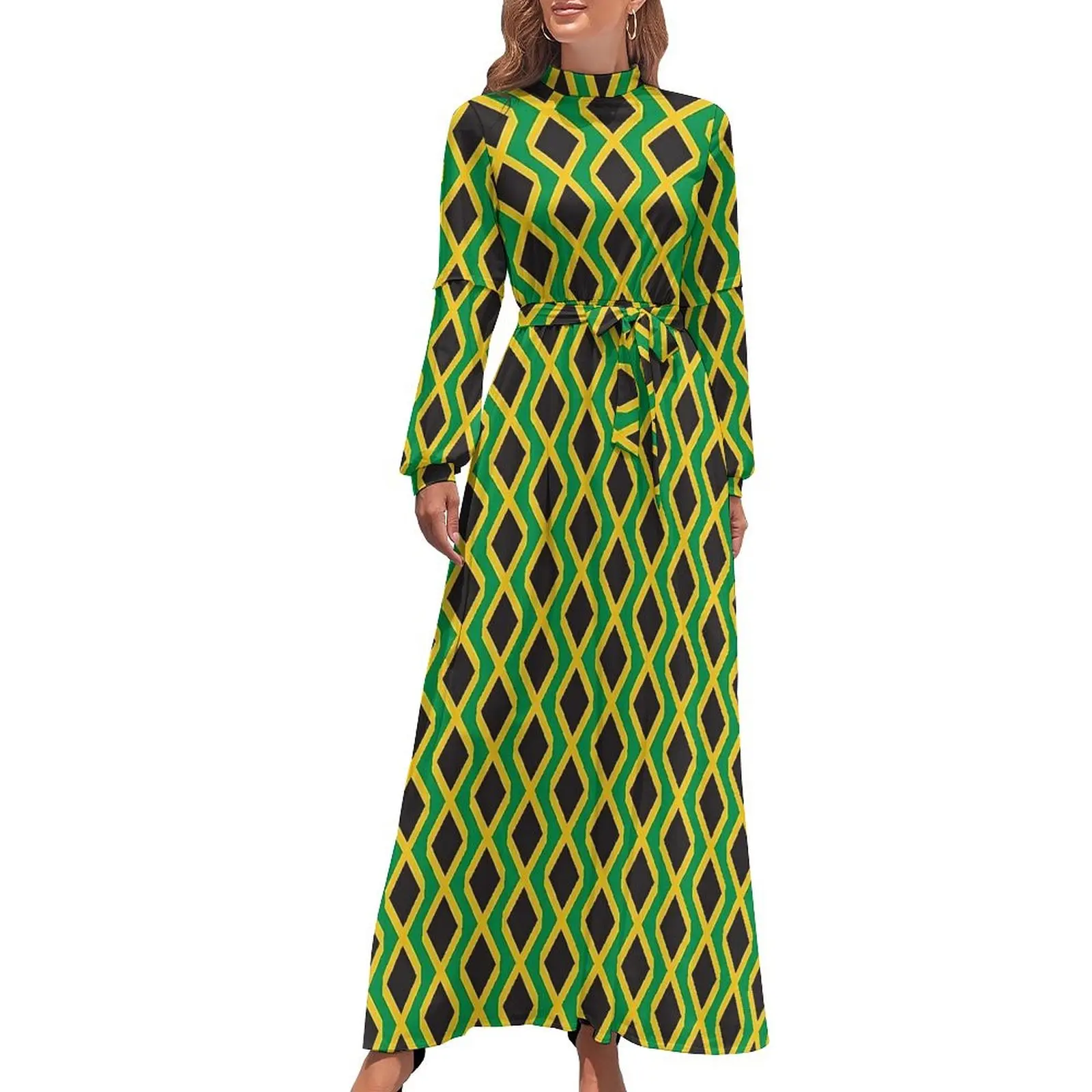 Jamaican Flag Dress High Waist Vertical Jamaica Love Bohemia Dresses Long-Sleeve Street Style Long Maxi Dress Elegant Clothes