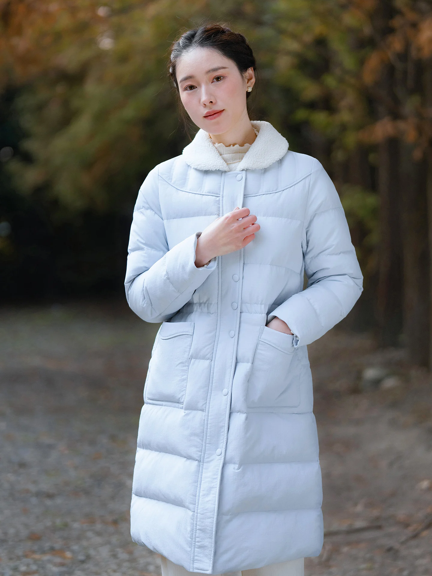 

Thiened Winter Coat Blue Faionable Women's down Cotton Jaet Commute Outerwear Waist-Cinching Fur Collar Zipper Closure