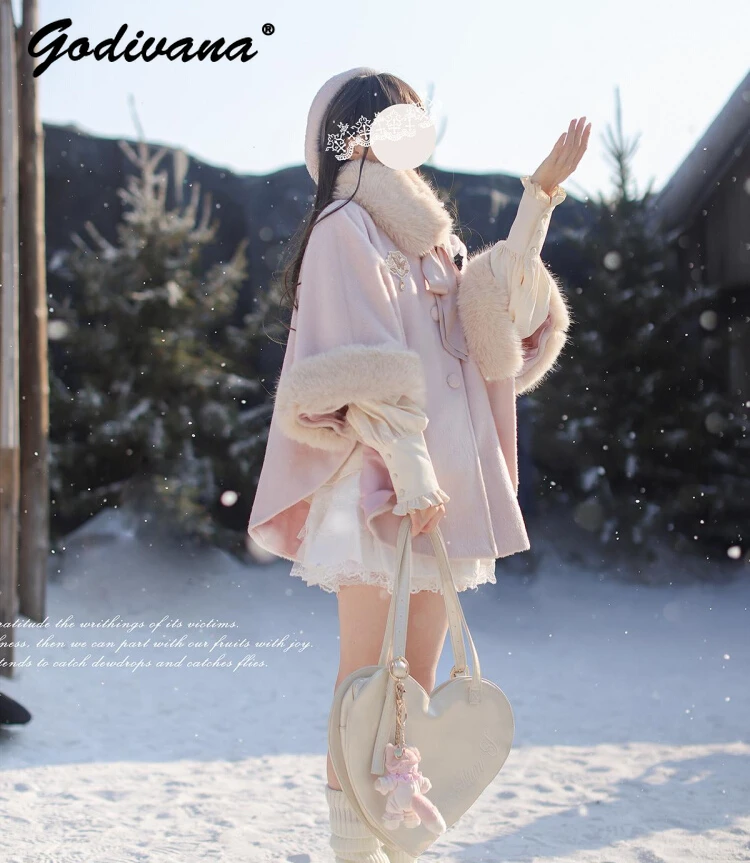 Sweet Cute Ladies Elegant Pink Woolen Cape Coat Autumn Winter Christmas New Year Women's Sweet Red Woolen Cloak Loose Poncho