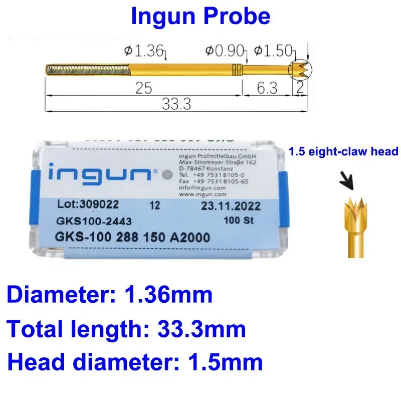 100PCS INGUN Probe GKS100 288 150 A2000/A3000 Eight-Claw Torx Head 1.36mm Spring Test Pin For Circuit Board Testing