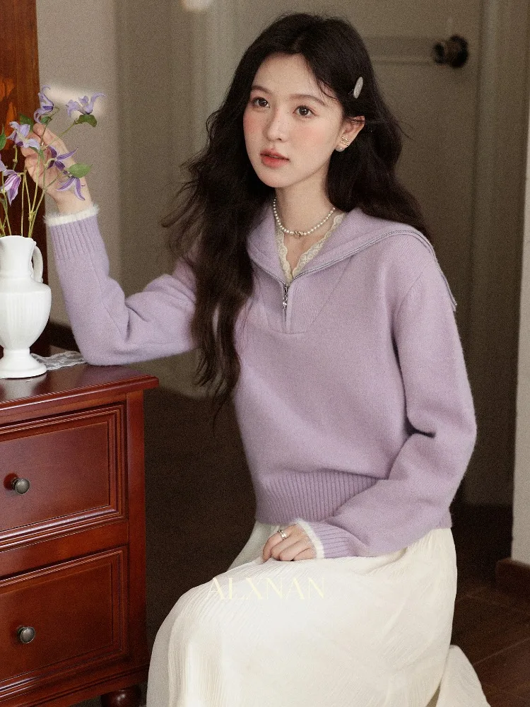 ALXNAN Dames Paarse Trui Herfst Winter Gebreide Truien Chic Chic Rits Hals Casual Warme Trui Lange Mouw Tops L59016