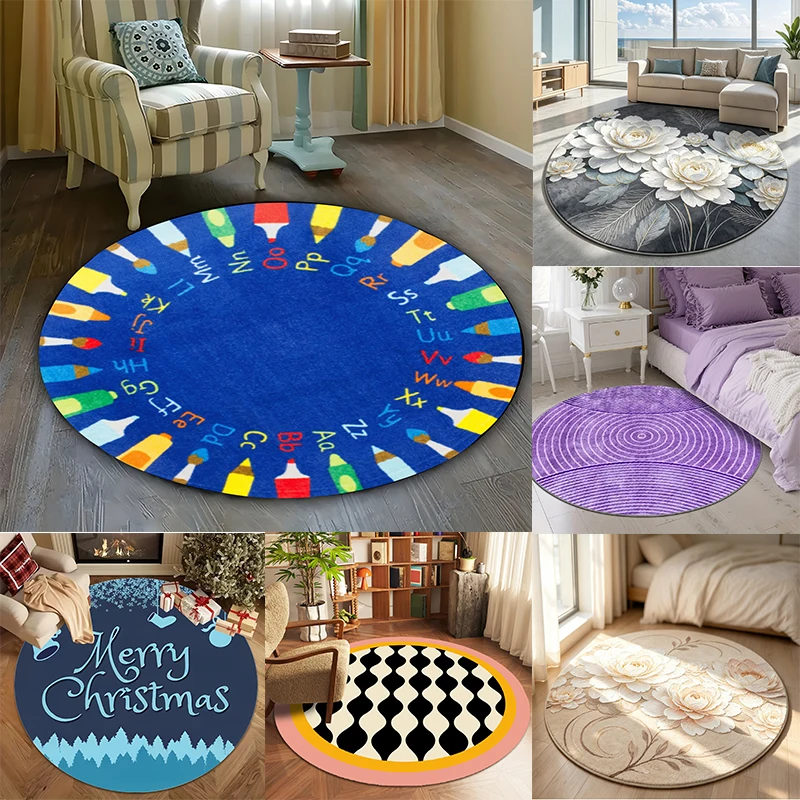 Mixed‑Design Round Rug, Variety Kids Alphabet Floral Christmas Geometric Motif Decorative Floor Mat for Multi‑Scene Ornament