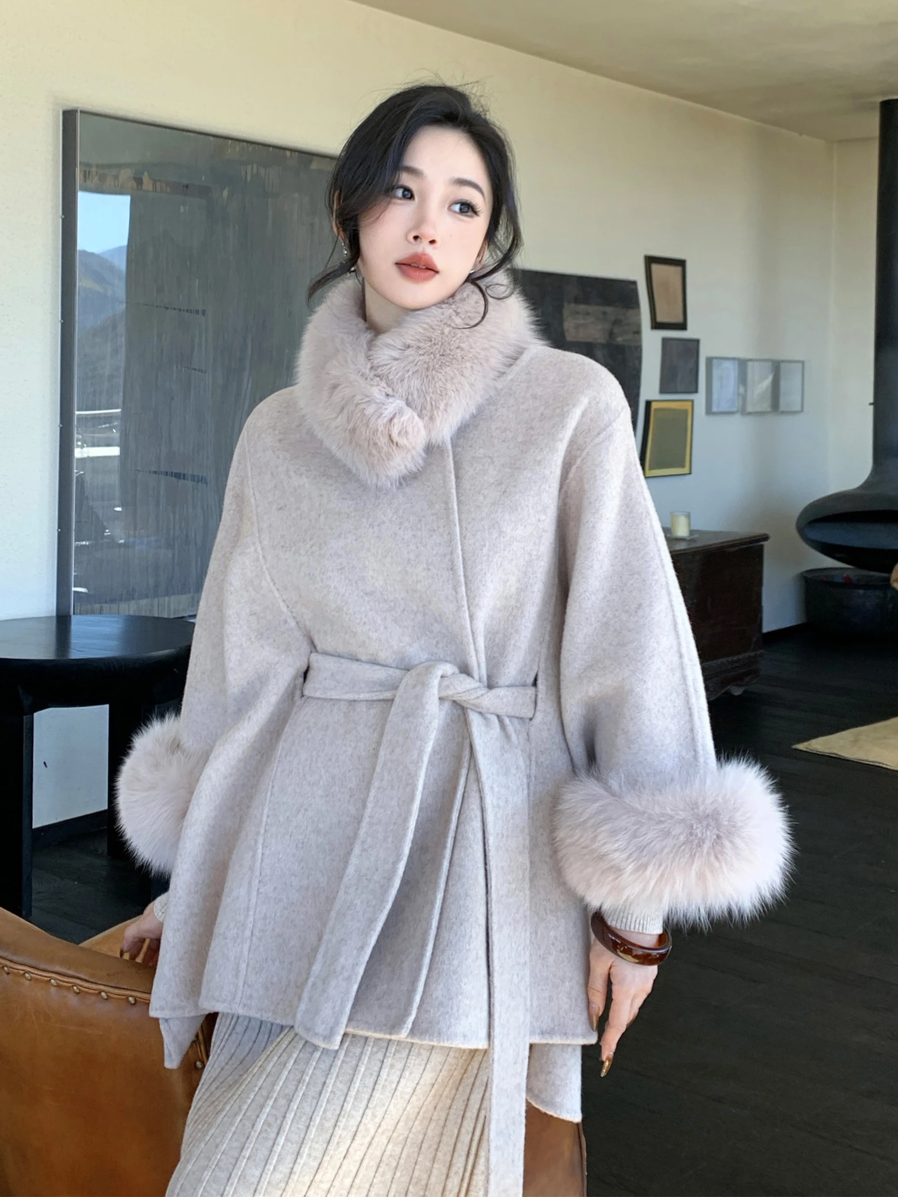

Double-Sided Woolen Coat with Fur Collar And Belted Design SYT Ele Lady Sle Commuter Vintage Loose Fit Long Sve