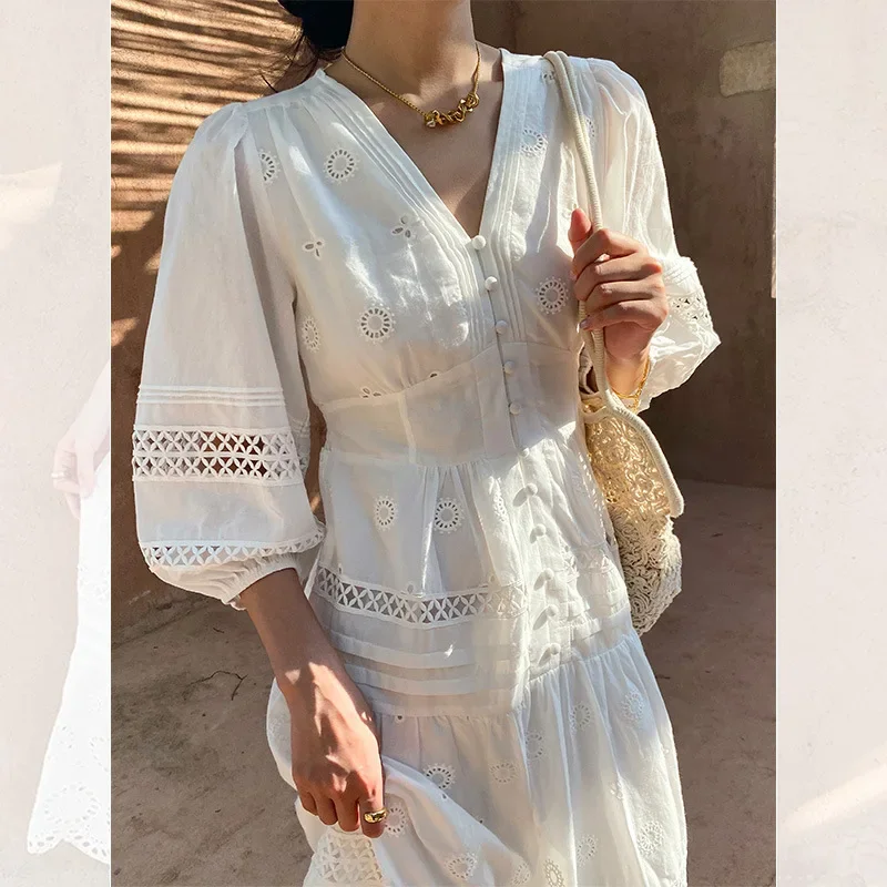 

WildPinky 2024 Spring Summer Women's Embroidered Hollow Out Lantern Sleeve V-neck White Cotton Maxi Dress Vacation Beach Dress