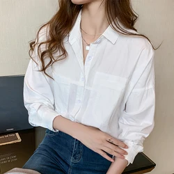 White BF Loose Style Women Cotton Shirt Clothing 2024 Spring Long Sleeve Ladies Tops Work Wear Blouses With Pockets