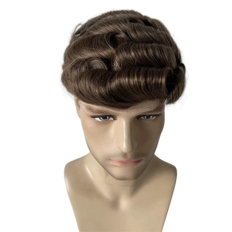 Europejskie systemy włosów dziewiczych ludzkich # Peruka męska z pełnej szwajcarskiej koronki, falowana 32mm, typu 8x10, dla mężczyzn europejskich.