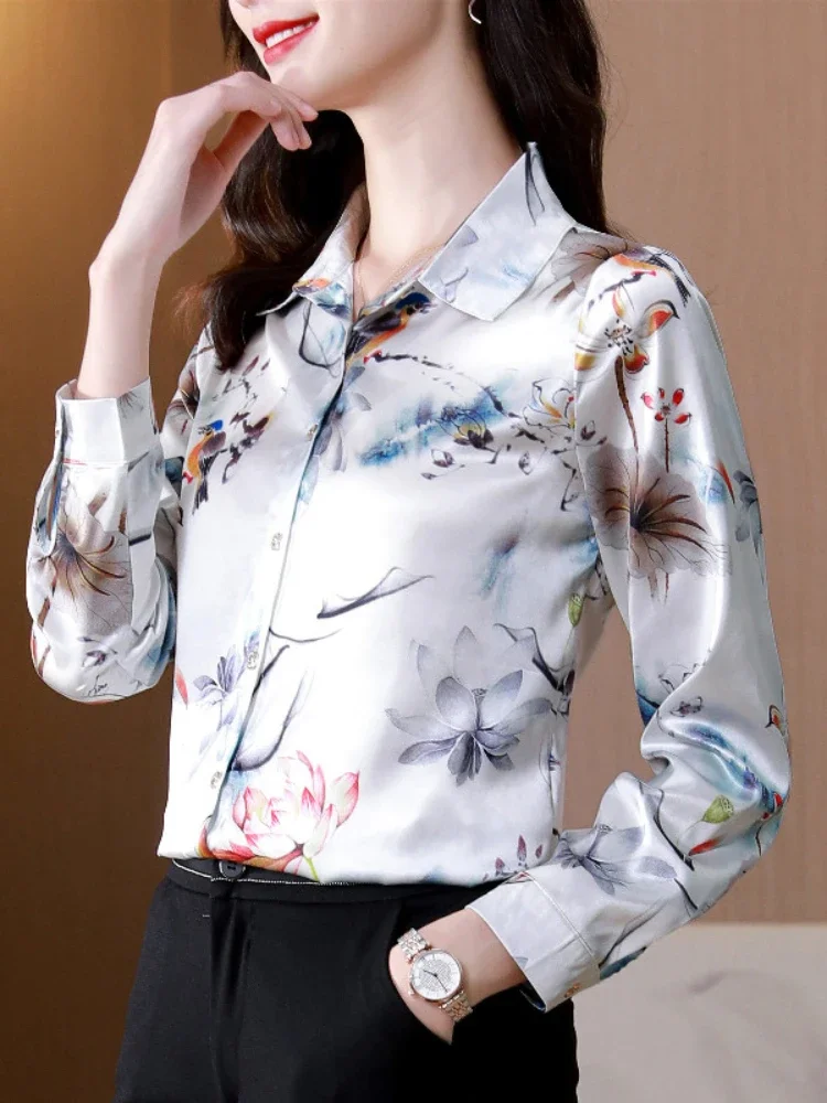 

Silk Women's Shirt Long Sleeve Blouse Fashion Spring New Womens Tops Basic Floral Shirts for Women OL Satin Female Clothing A32