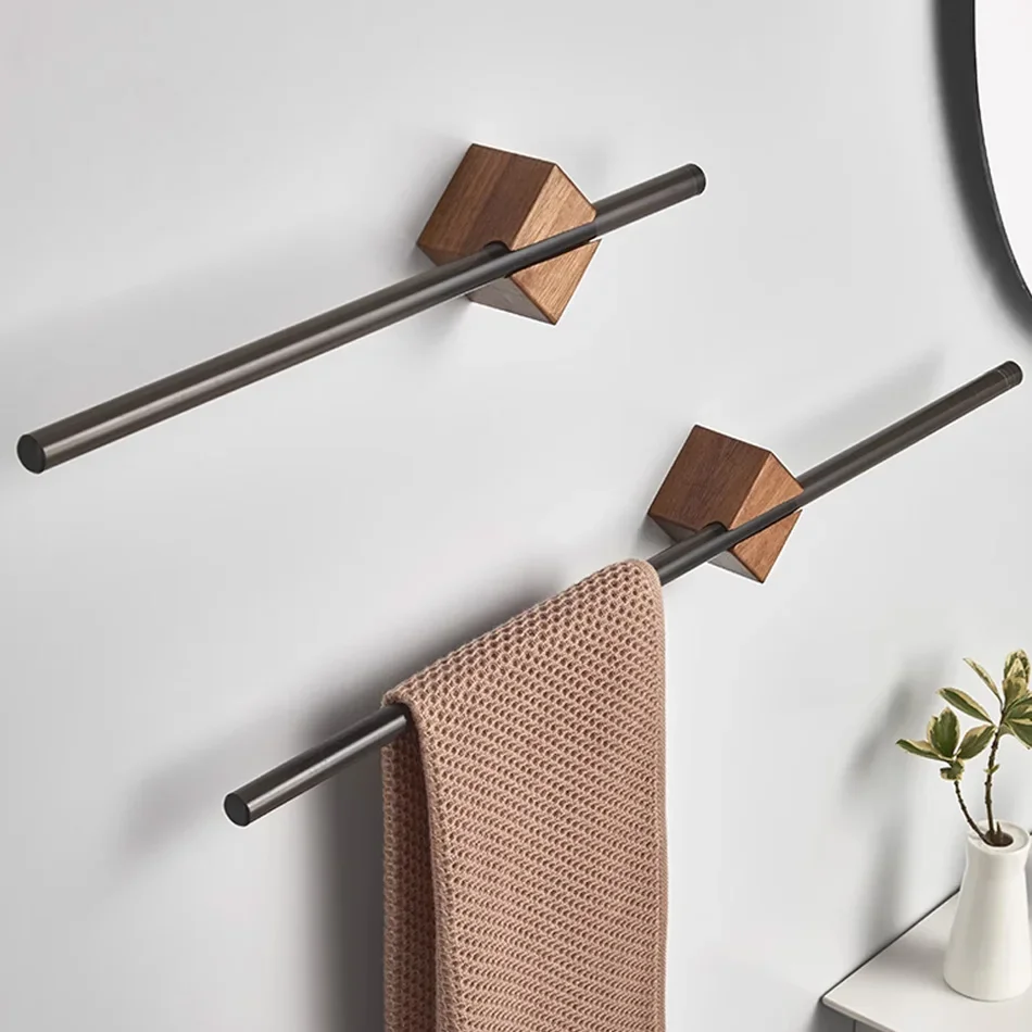 

Wood Towel Bar Movable Gold Black Square Walnut Aluminum Wall Mounted Bedroom Bathroom Towel Holder Shelf Storage Hanging