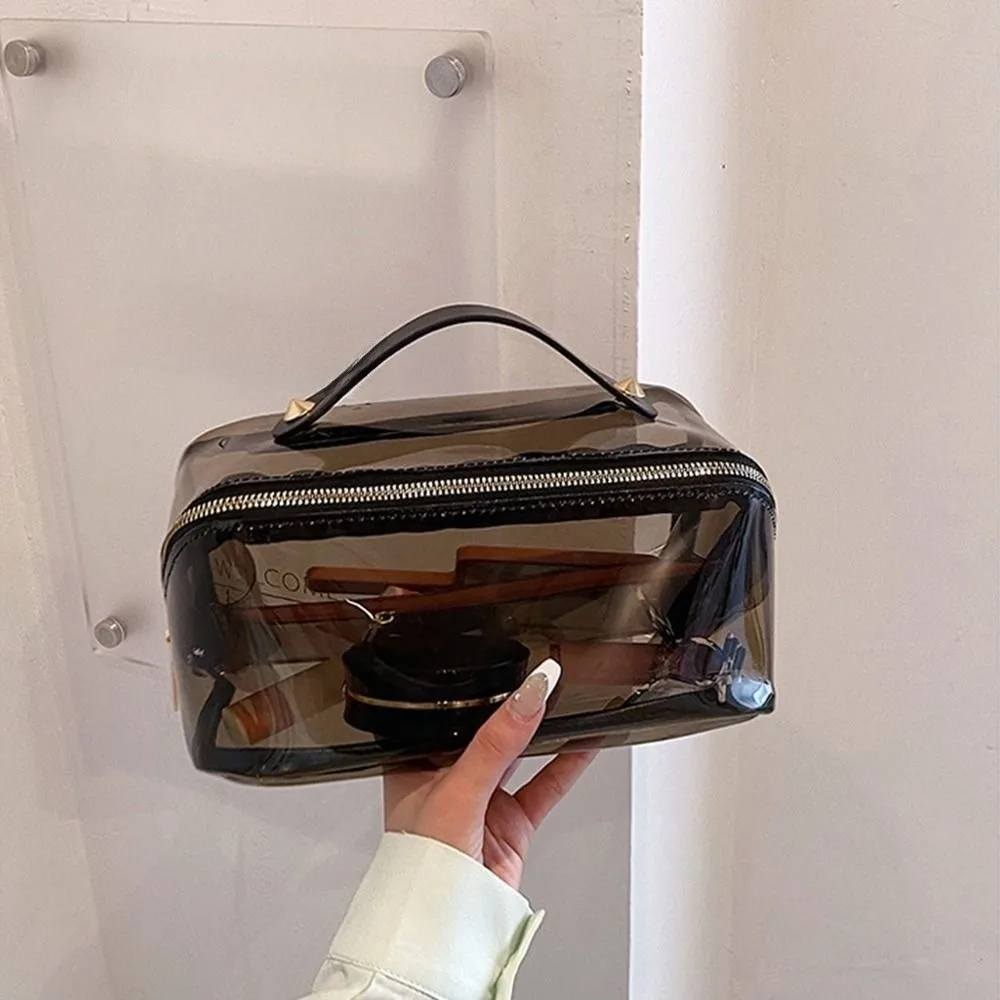 

Large Capacity Transparent Makeup Bag Zipper Closure Top Handle Portable Cosmetic Pouch Easy Carry-On Waterproof