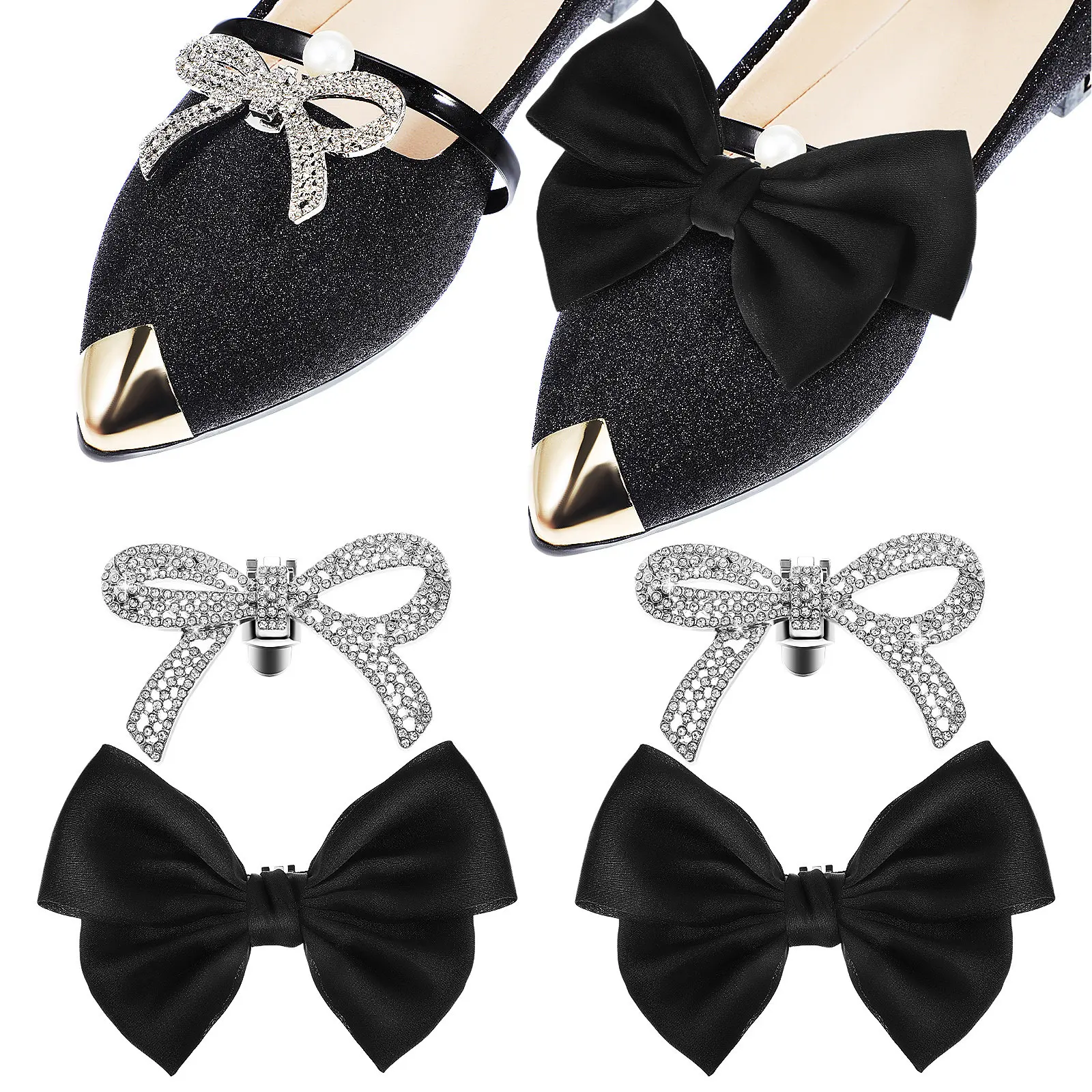 4Pcs Satin Bow Crystal Shoe Clips for Women Heels Flats Bridal Wedding Dress Shoe Jewelry Gift
