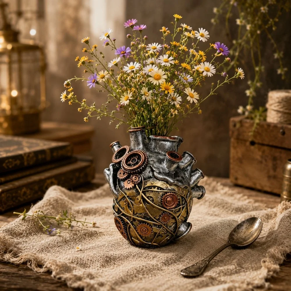 Creative Mechanical Heart Vase - Retro Steampunk Resin Flower Pot-Industrial Style Desktop Decorative for Home Decoration Gift