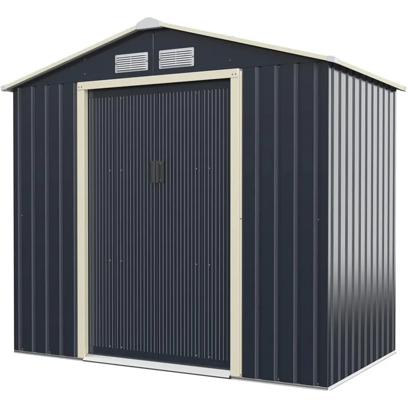 Outdoor Storage Shed with Double Sliding Door, Galvanized Metal Garden Storage Room, Front and Back Vent, Weather Resistant Tool