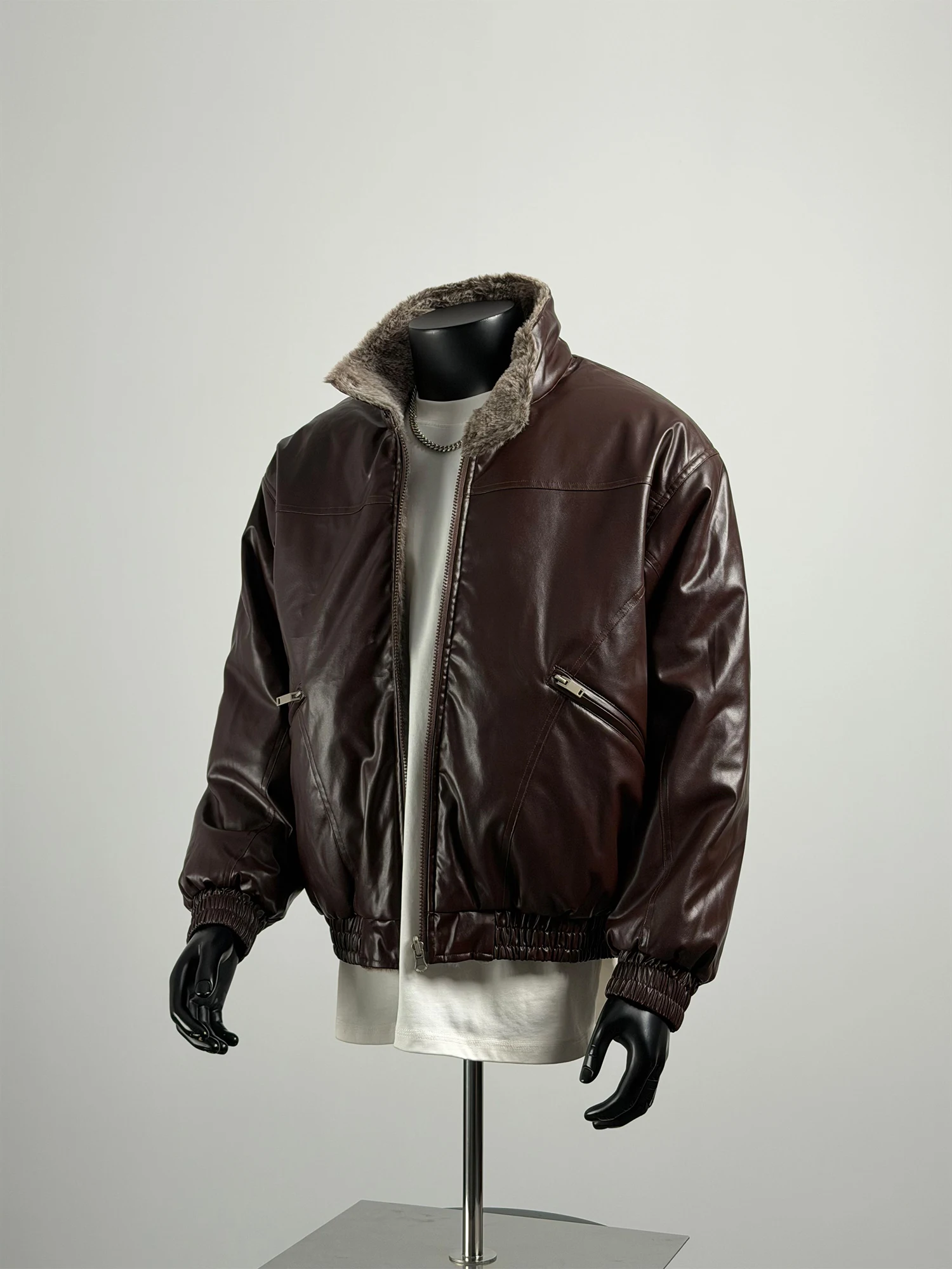 

Men's Thiened Cotton Jaet Double-Sided Wear Harington Fake Mink PU Leather Cotton Coat Youth Casual Warm Long Sve