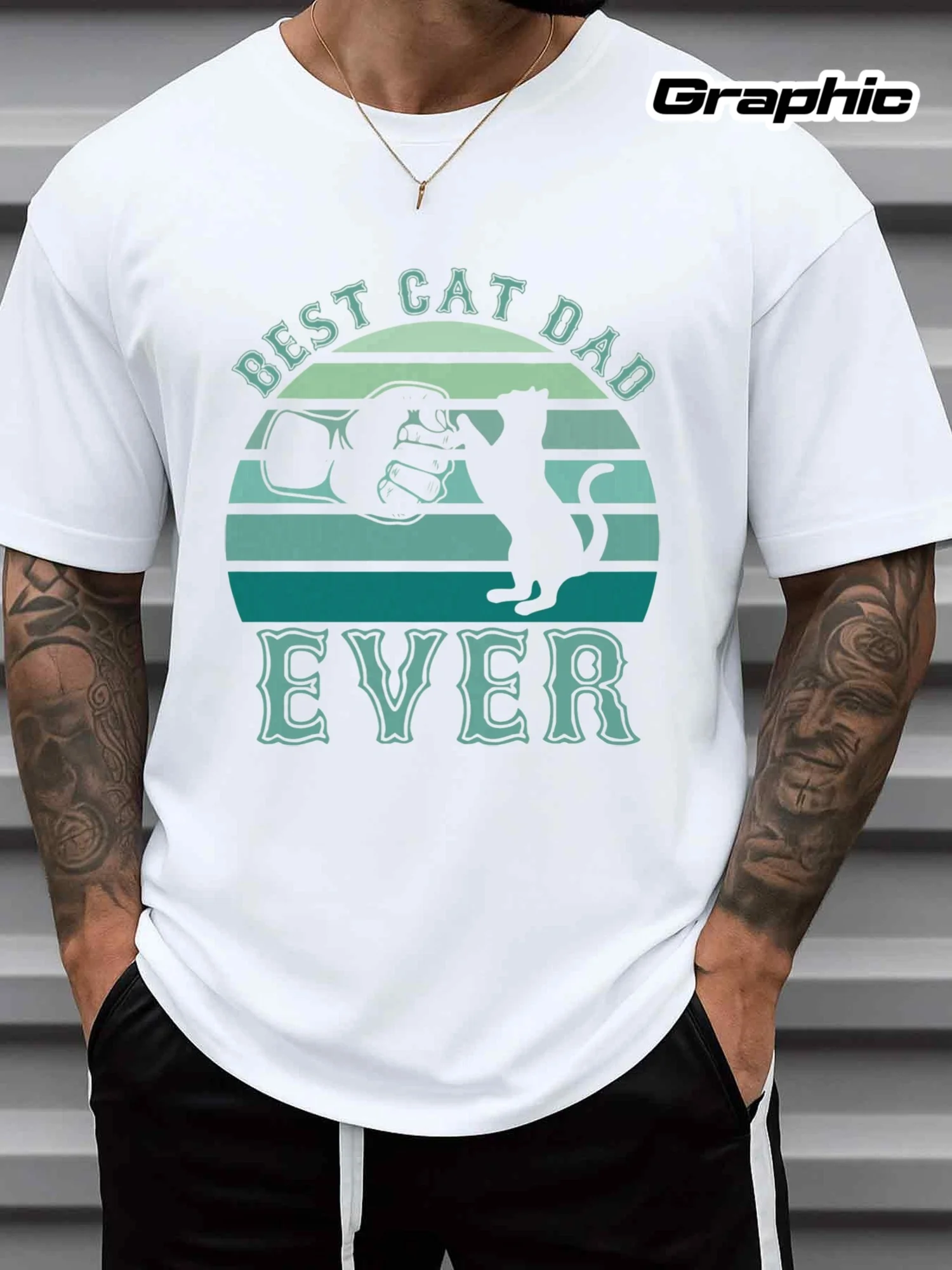 Men's Best Cat Dad Graphic T-Shirt - White Casual Loose Short-Sleeve Crew Neck Fun Cat Dad Shirt with Paw Prints and Cat Design, Suitable for Casual Wear, Father's Day Gift, Cat Lover Clothing - Perfect for Casual Outings