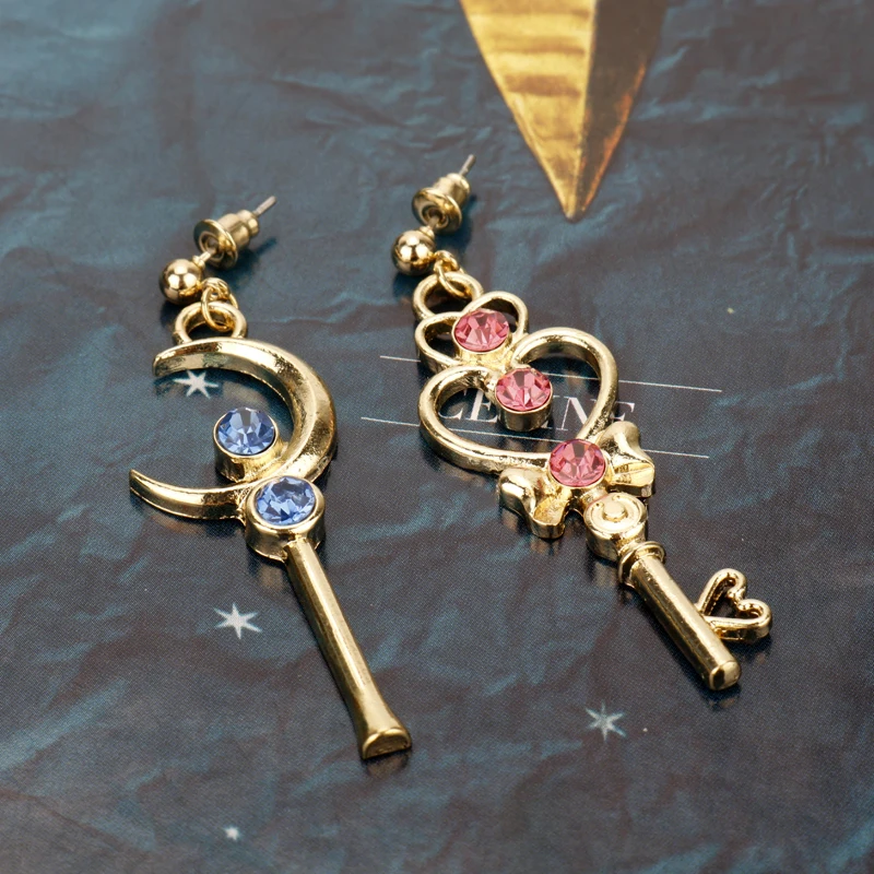 Anime Earrings Cute Cartoon Theme Magical Wand Key Rhinestone Inlaid Charms Earring Jewelry Cosplay Props Gift For Friends