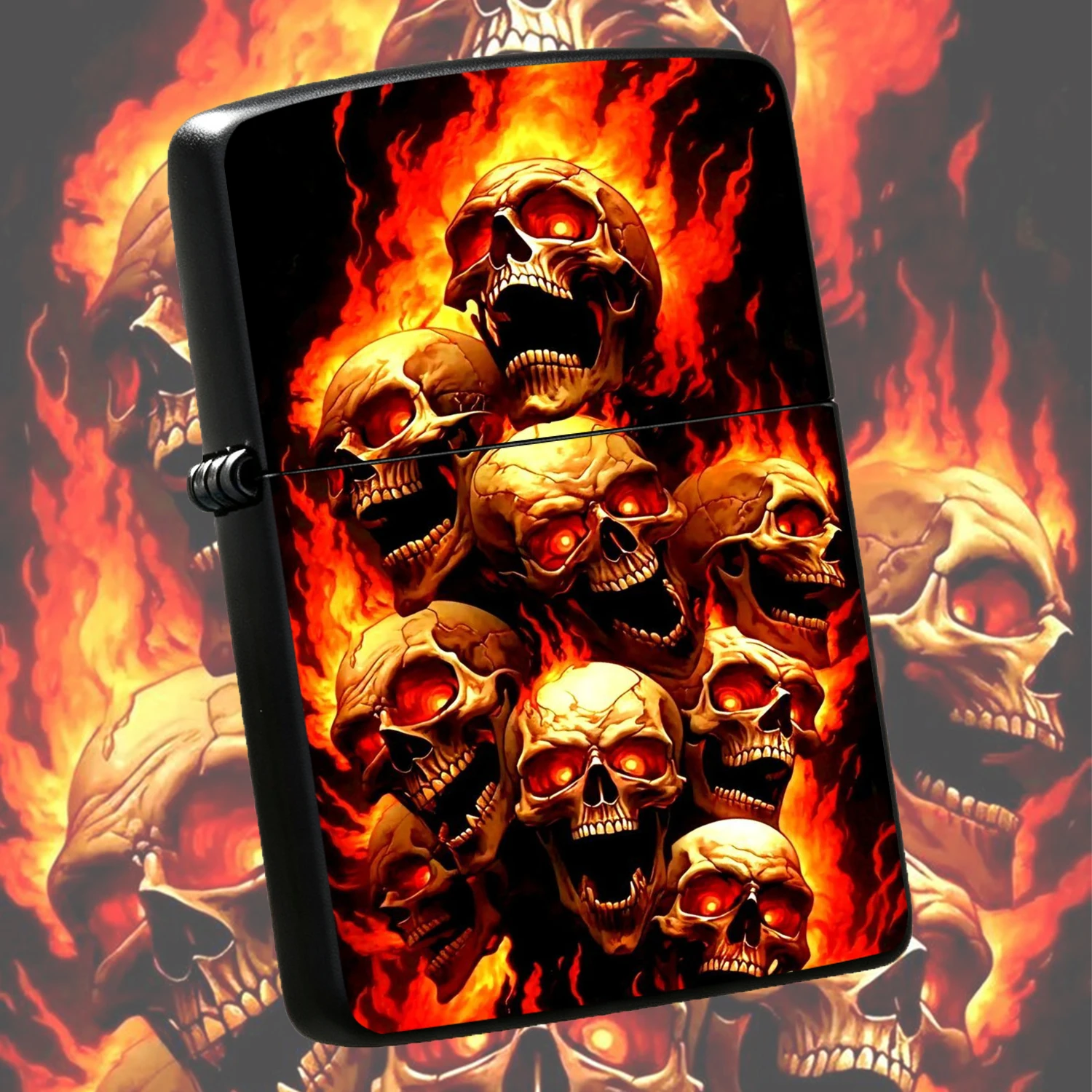 Stylish Fiery Skull Art Themed Lighter, Eye-Catching Dark Aesthetic Pattern Design, Portable All-Scene Usable Igniter, Durable Exquisite Appearance, Perfect For Daily Carry, Unique Decorative Practical Item For Gifting Or Personal Use A Hum