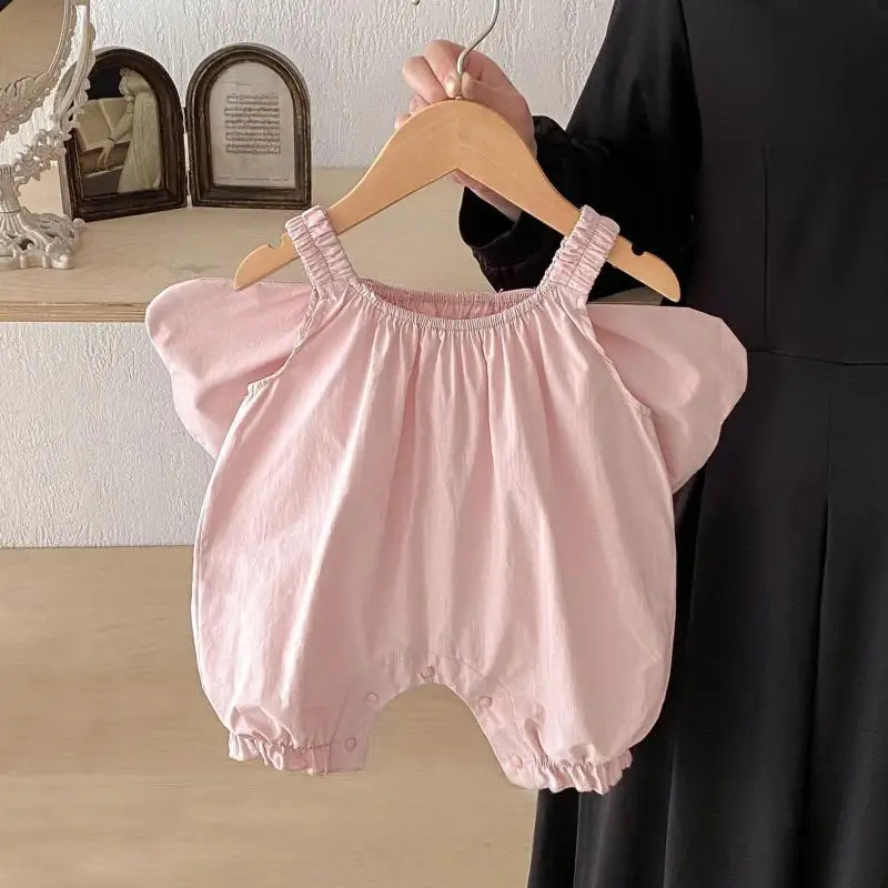 Baby wing sliding jumpsuit summer thin design for girls pink sleeveless, sweet and cute princess outfit