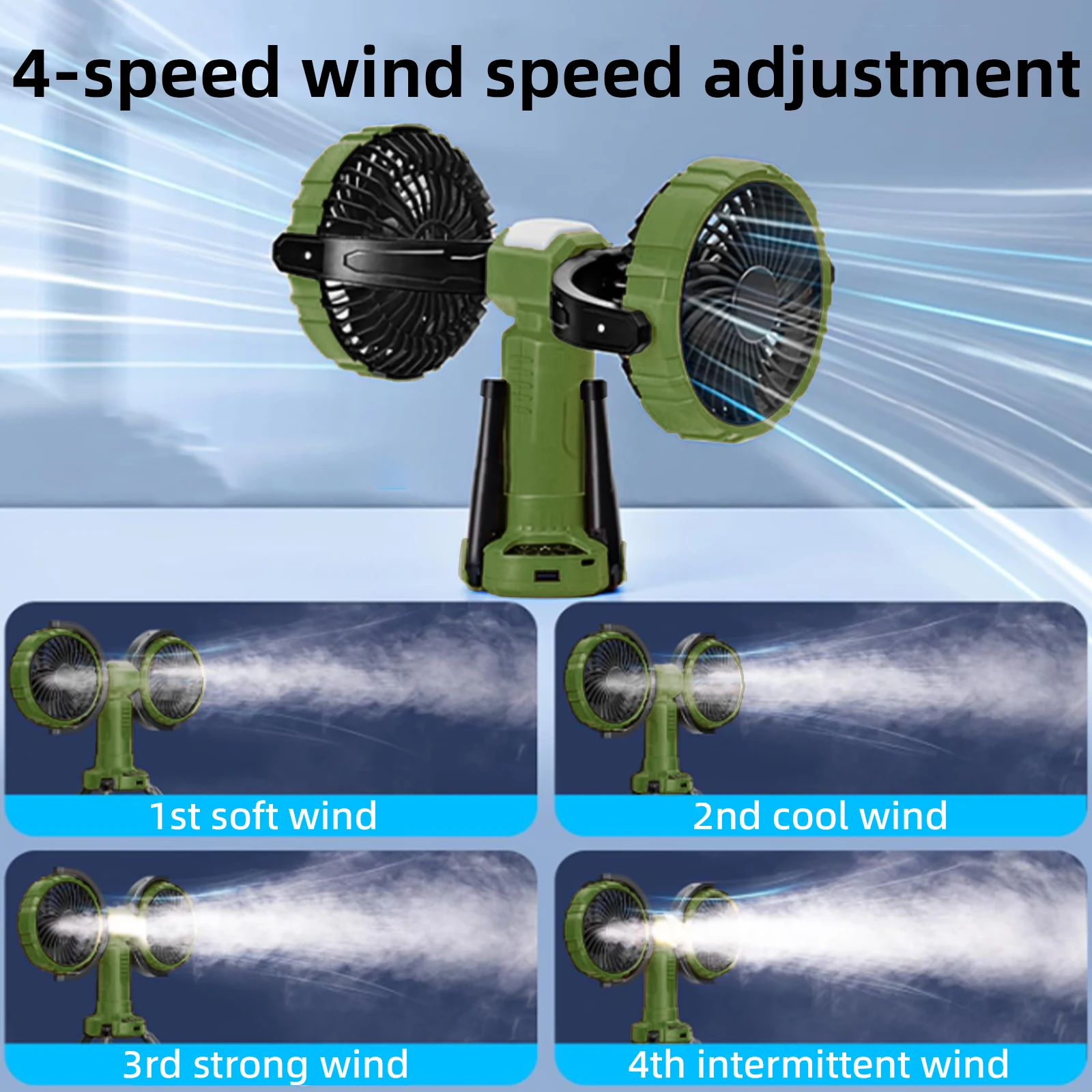 10000 mAh 배터리가 장착된 책상용 Eary 듀얼 헤드 팬 마운트 4 풍속 2 조명 다중 각도 조절 가능 휴대용 공기 냉각 팬