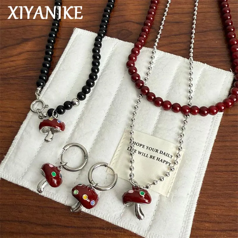 XIYANIKE Vintage Oil-Drop Redwine Beads Mushroom Sweater Chain Necklaces For Women Fashion New Jewelry Accessories Gift Party