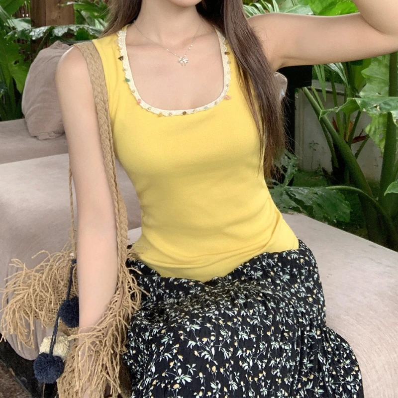 

Yellow Heavy Bead Design Camisole Women's 2026 Summer New Slim Fit Sleeveless Vest Top
