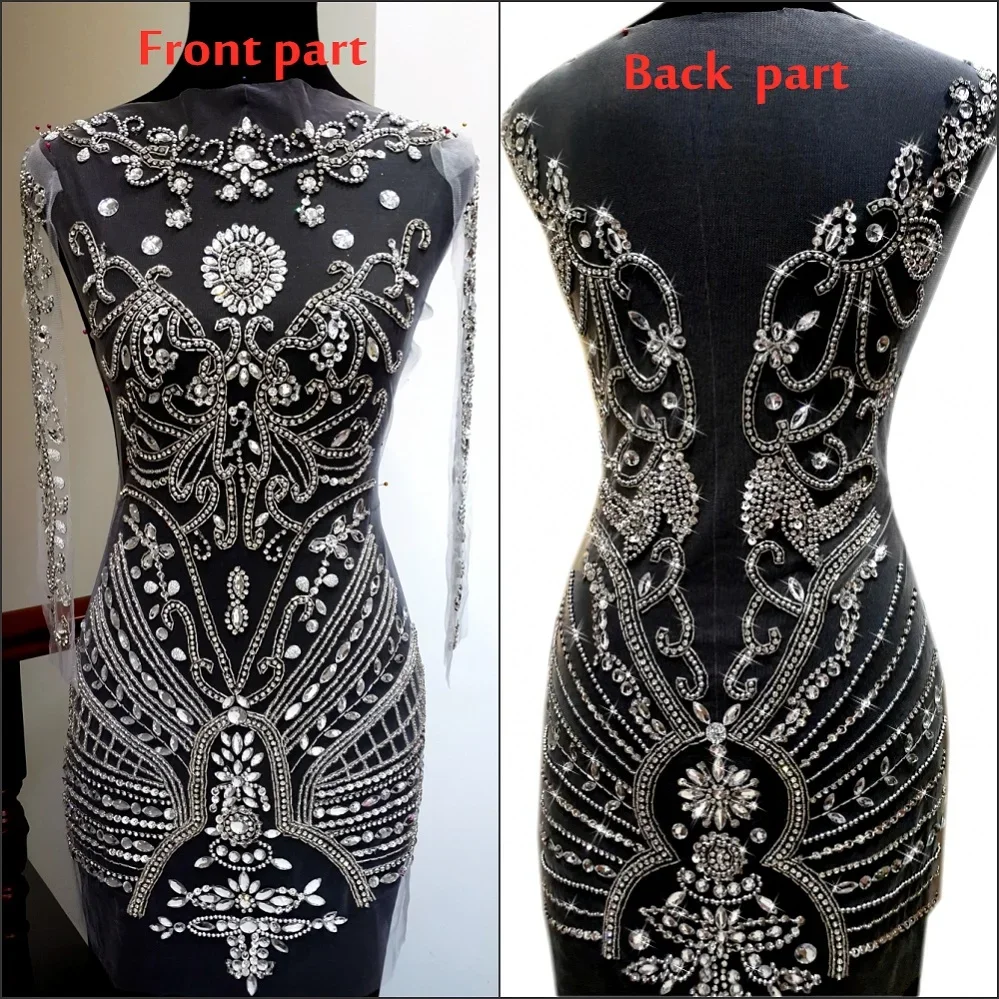 Hand Made Custom Nude Mesh Wedding Pageant Dress Sew on Rhinestones Crystal For Diy Design Tailor Patch Appliqued Bodice silver