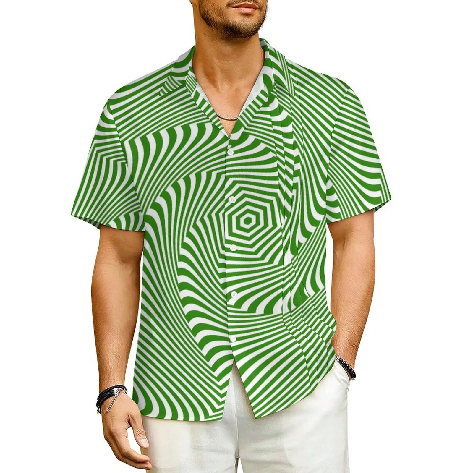 Green Curve Print Summer Shirt For Male Vacation Swirl Lines Casual Shirts Short-Sleeve Funny Design Novelty Plus Size Blouses