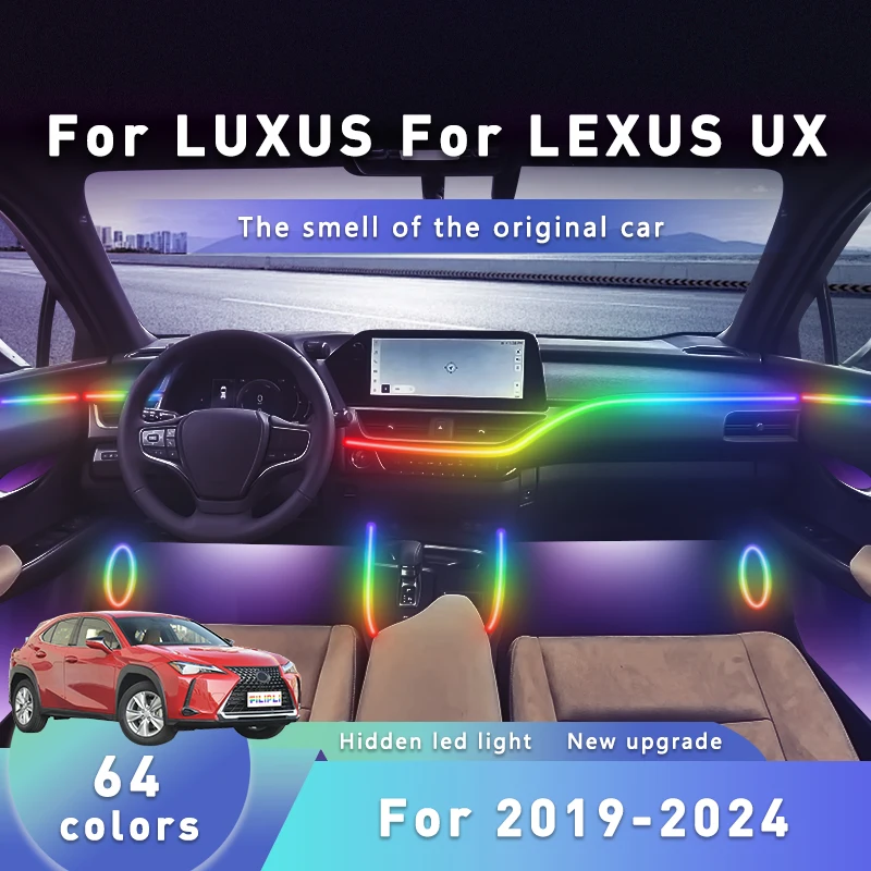 

FILIPLI для LEXUS UX 2020, 64-цветное RGB автомобильное окружающее освещение, управляемое приложением, внутреннее освещение автомобиля, сделай сам, интерьер автомобиля, светодиодная лента