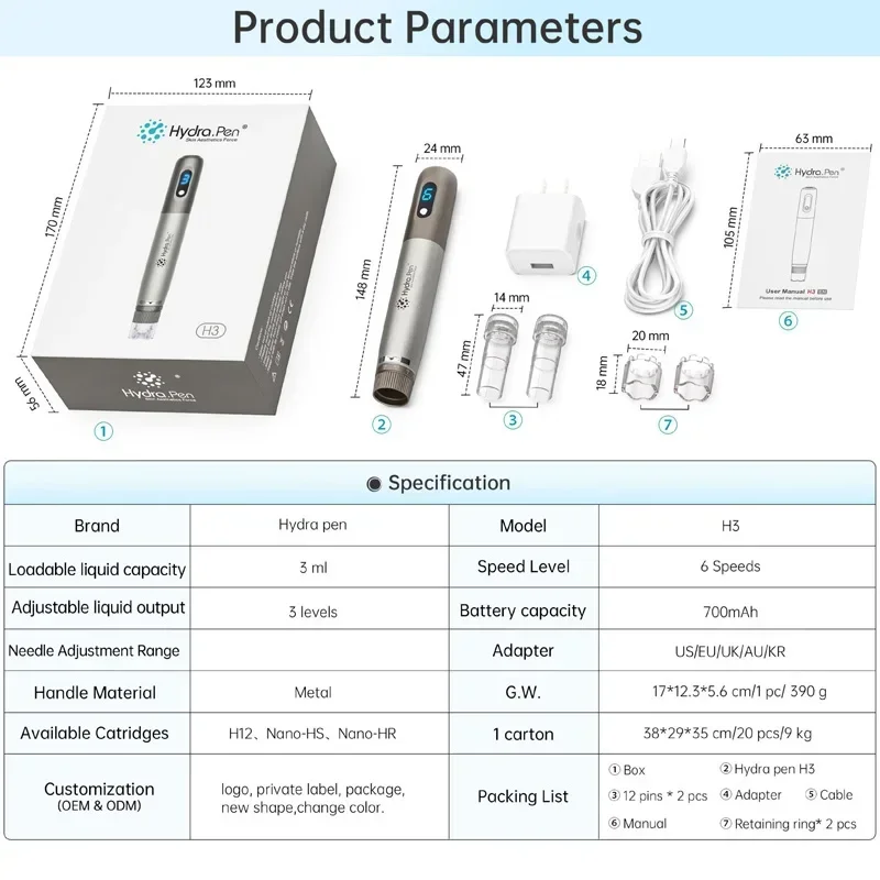 Hydra Pen H3 Derma Pen Mesotherapy Serum Applicator Microneedling Machine For Skin Care Scar Acne MTS Hair Regrowth Beard Growth