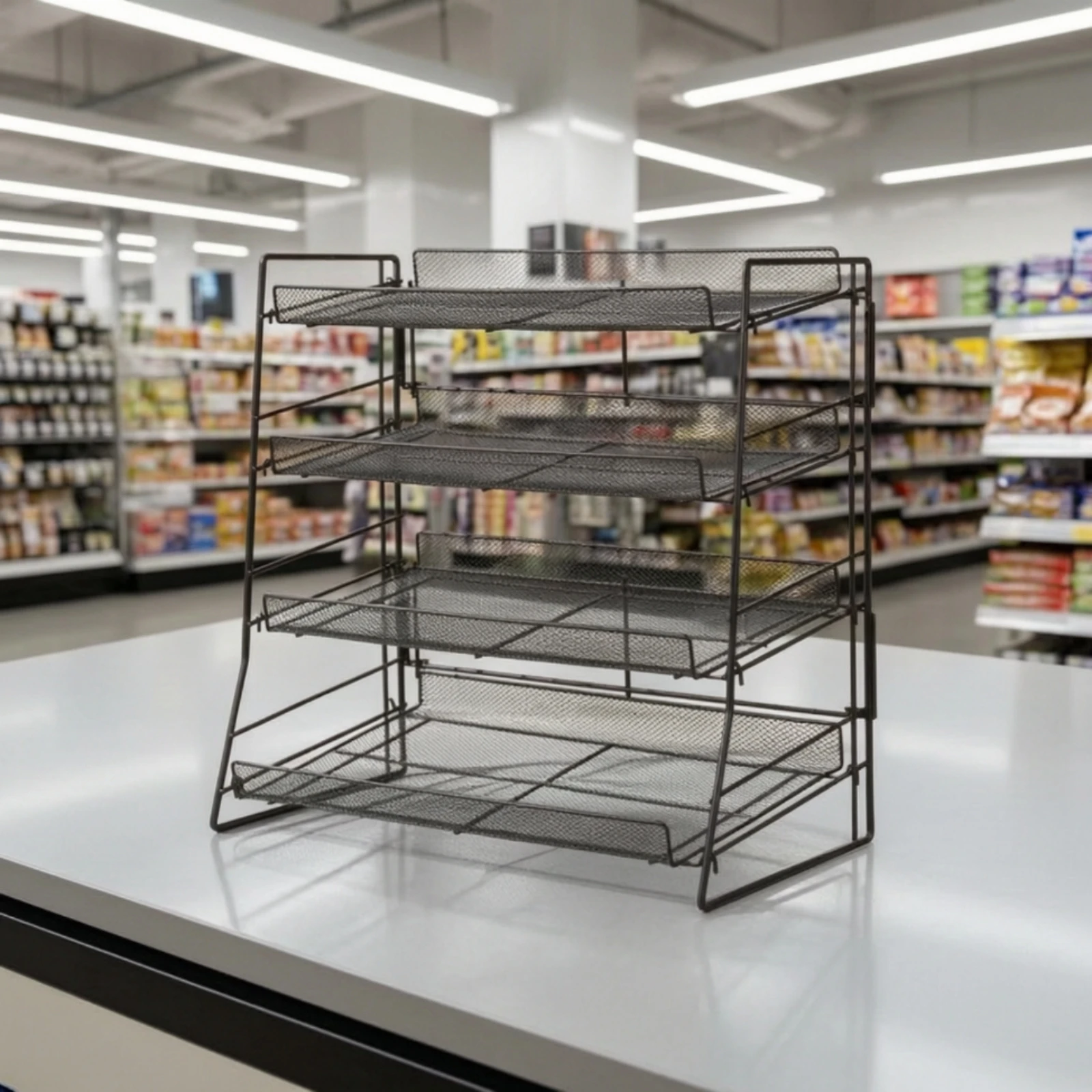 Snack Display Rack Foldable Snack Rack Countertop Organizer with Mesh Baskets Compact Easy to Install for Break Room