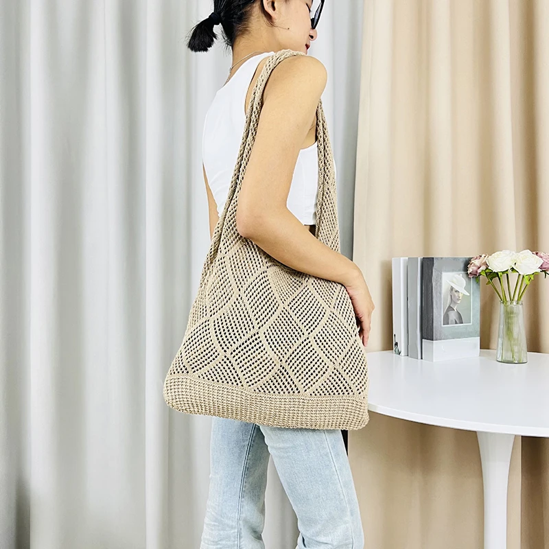 New Trend Women\'s Bag Crochet Handbag Retro Knitted Solid Color Hollow Top-handle Tote Bag Travel Shopper Shoulder Bag